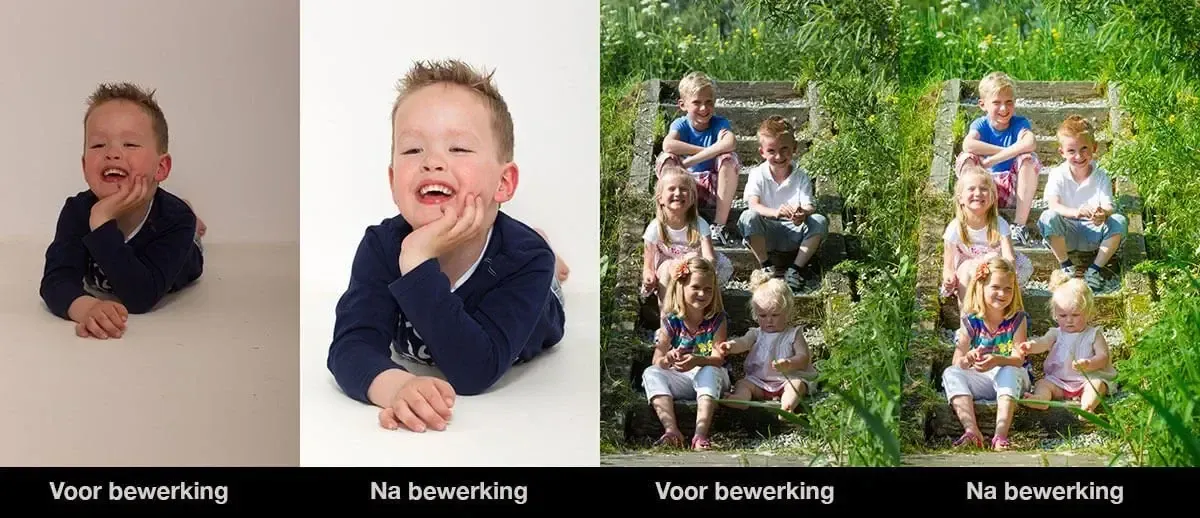 Voor en na de bewerking van een familiefoto