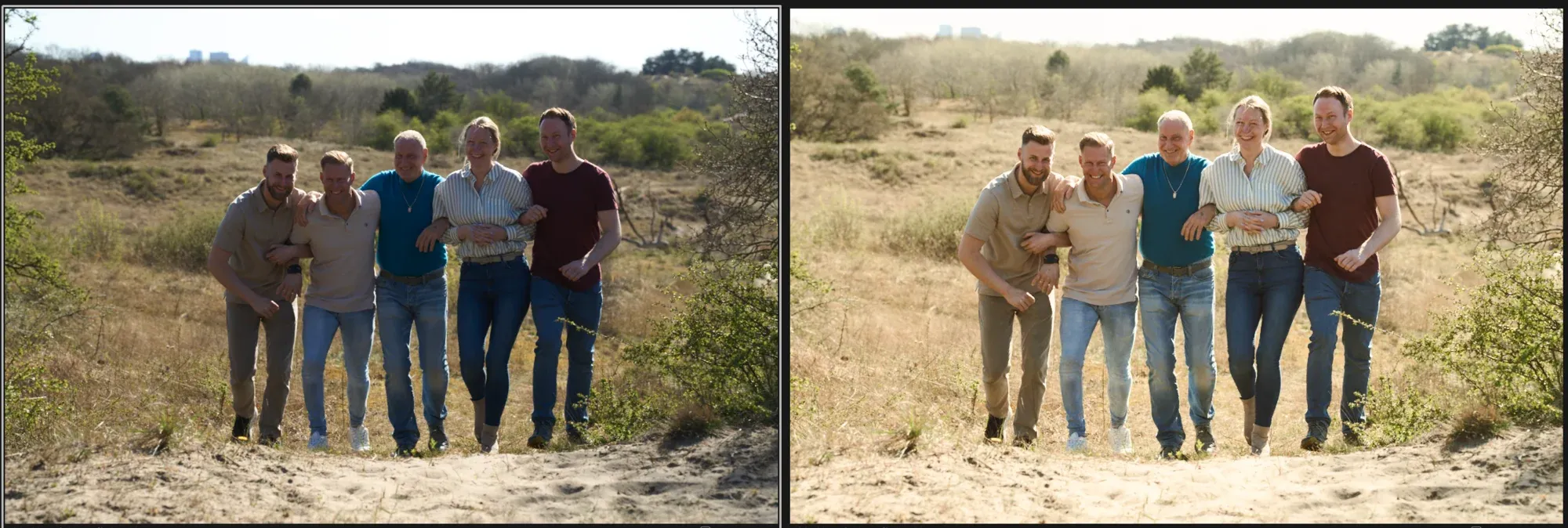Voor en na: een familie in tegenlicht in de duinen, links uit de camera en rechts bewerkt