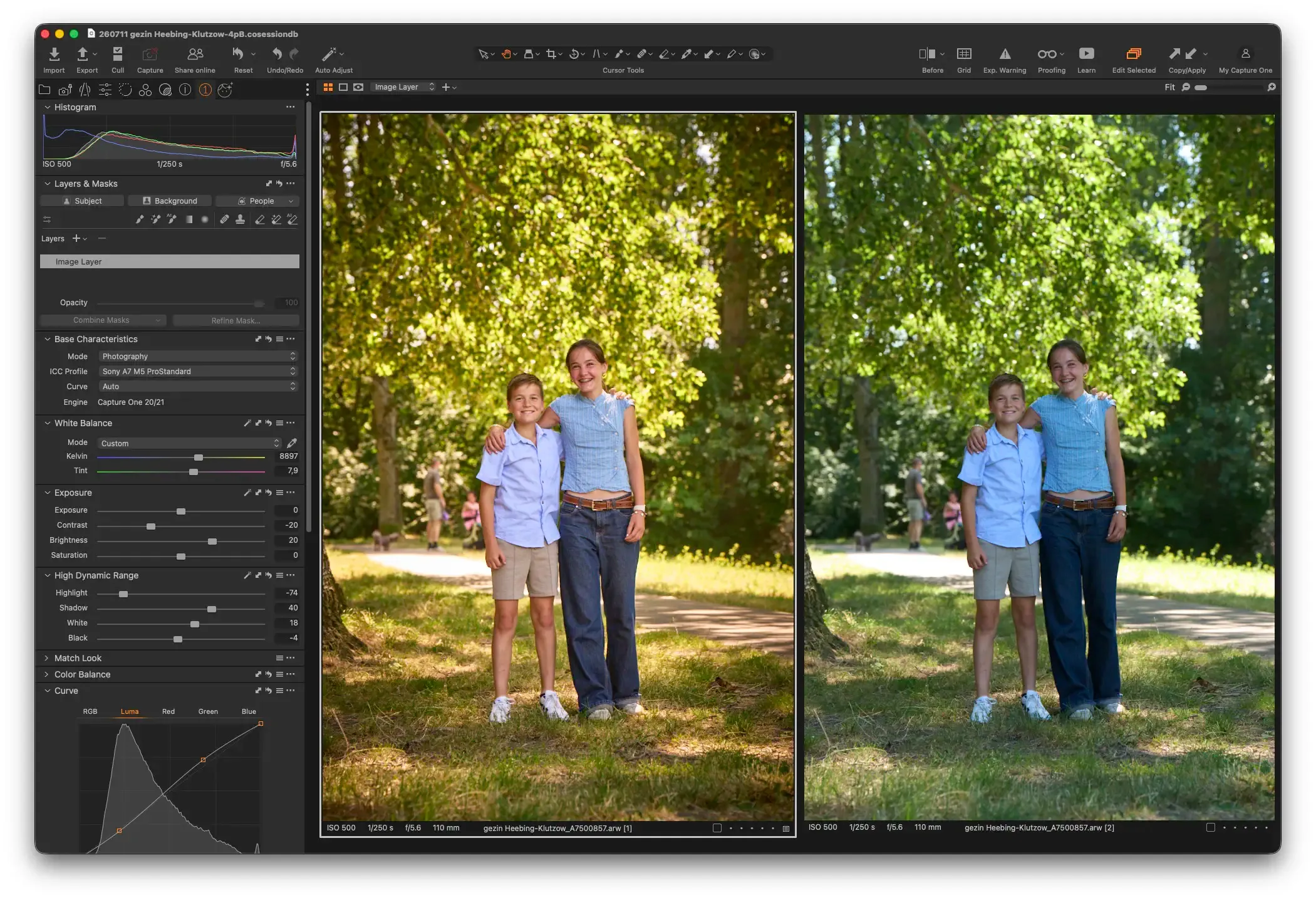 Voor/na van een bewerkt portret in Capture One