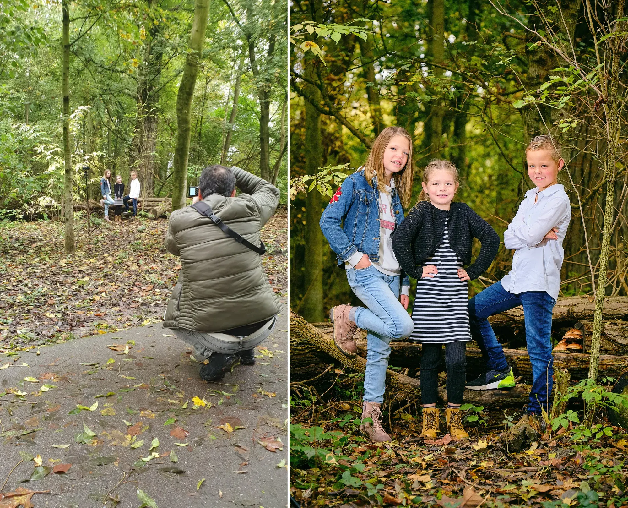 Achter de schermen in het bos: links fotografeer ik op afstand, rechts het eindresultaat van drie kinderen bij een boomstam