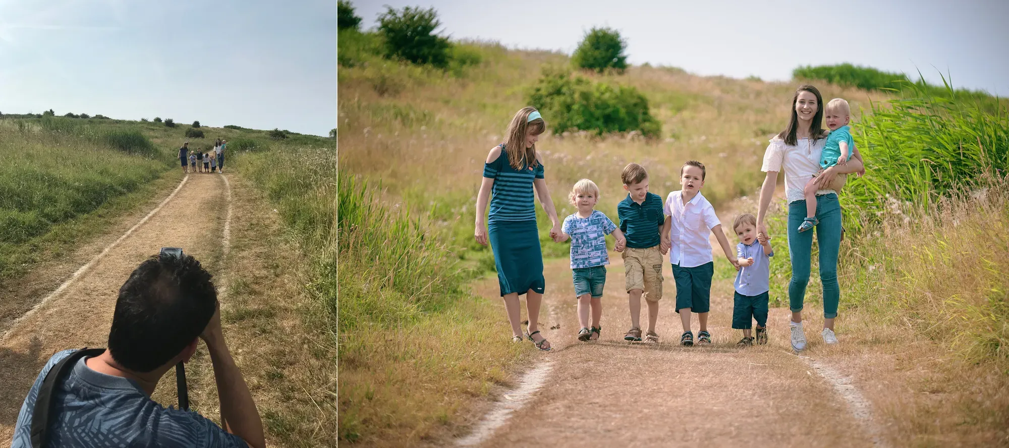 Achter de schermen op een duinpad: links fotografeer ik op afstand, rechts het eindresultaat van een gezin dat hand in hand over het pad loopt