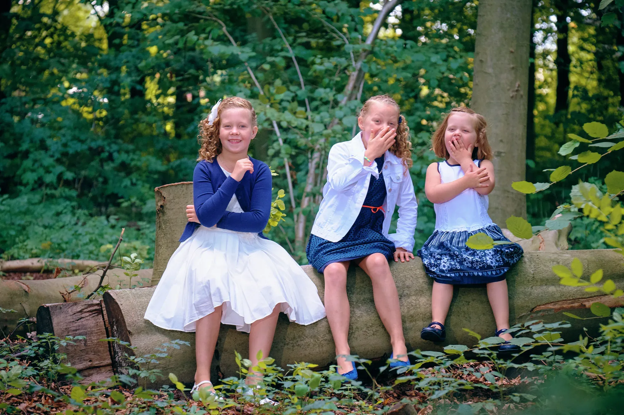 Drie lachende zusjes zitten op een omgezaagde boomstam in de schaduw van de bomen