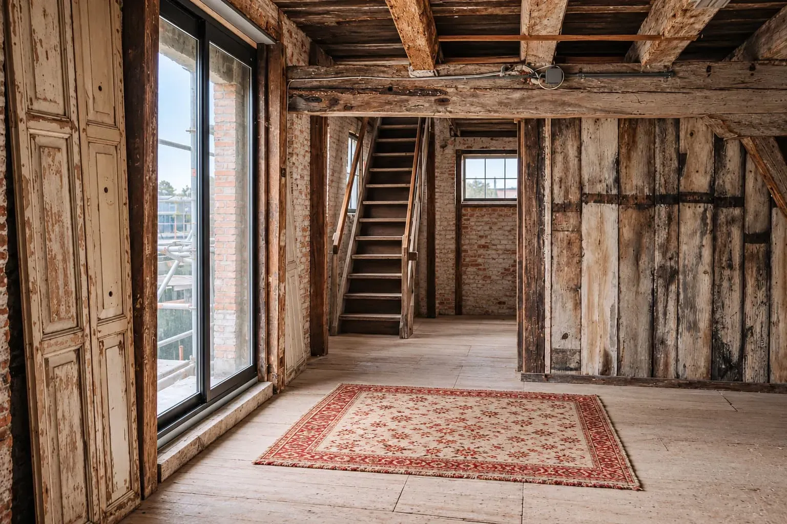 Zolder van de Sodafabriek met een vintage vloerkleed onder de oude houten dakconstructie