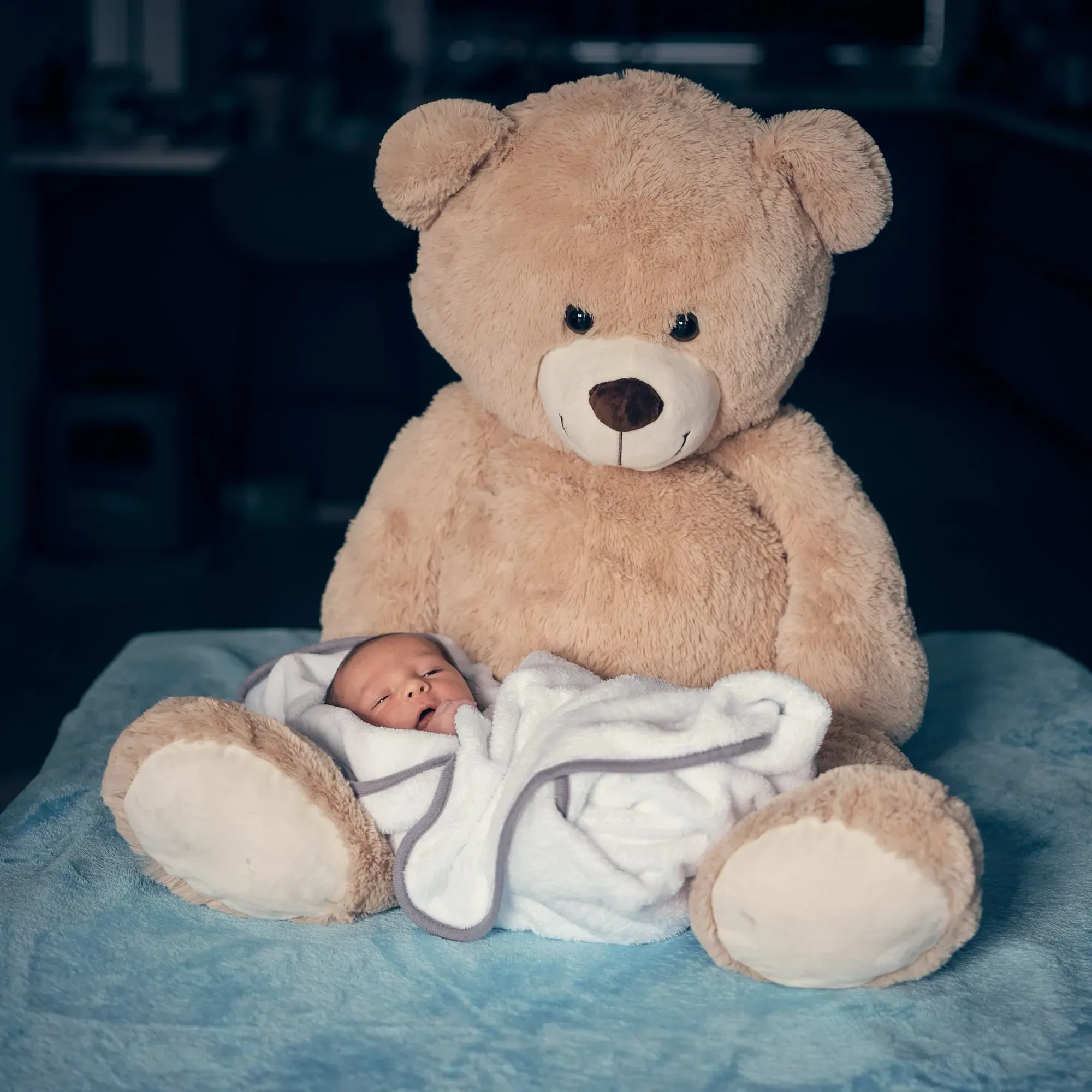Baby ligt in een dekentje tegen een grote teddybeer