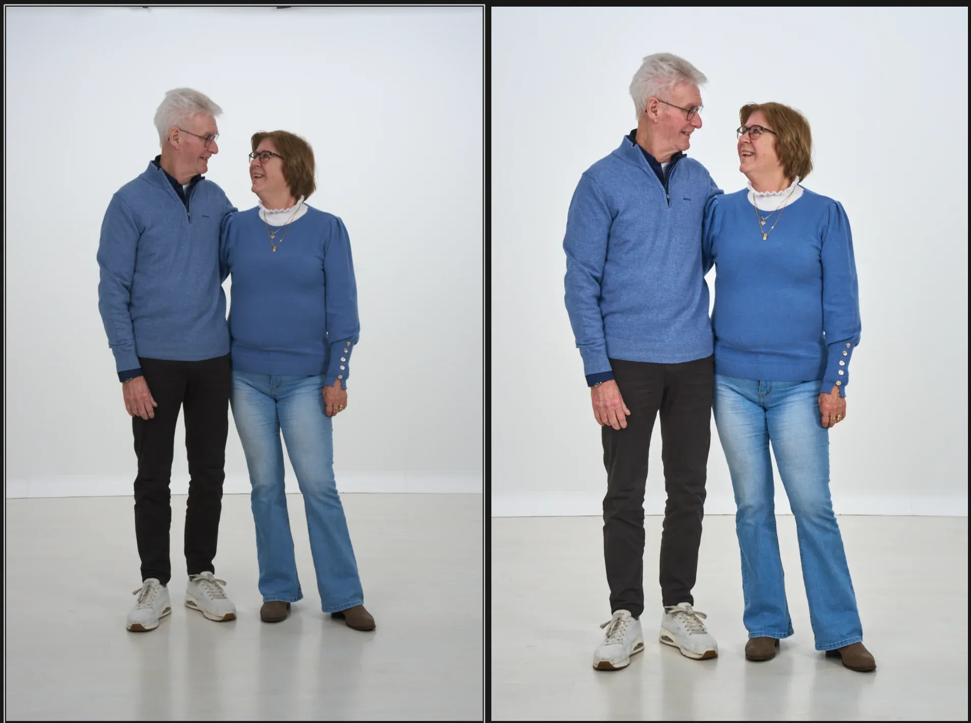 Voor en na: een stel in de fotostudio, links uit de camera, rechts bewerkt