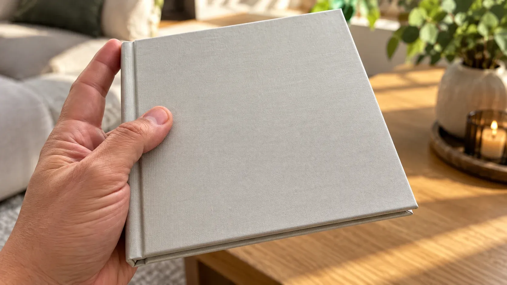 Hand houdt een linnen fotoalbum van 15 bij 15 centimeter vast