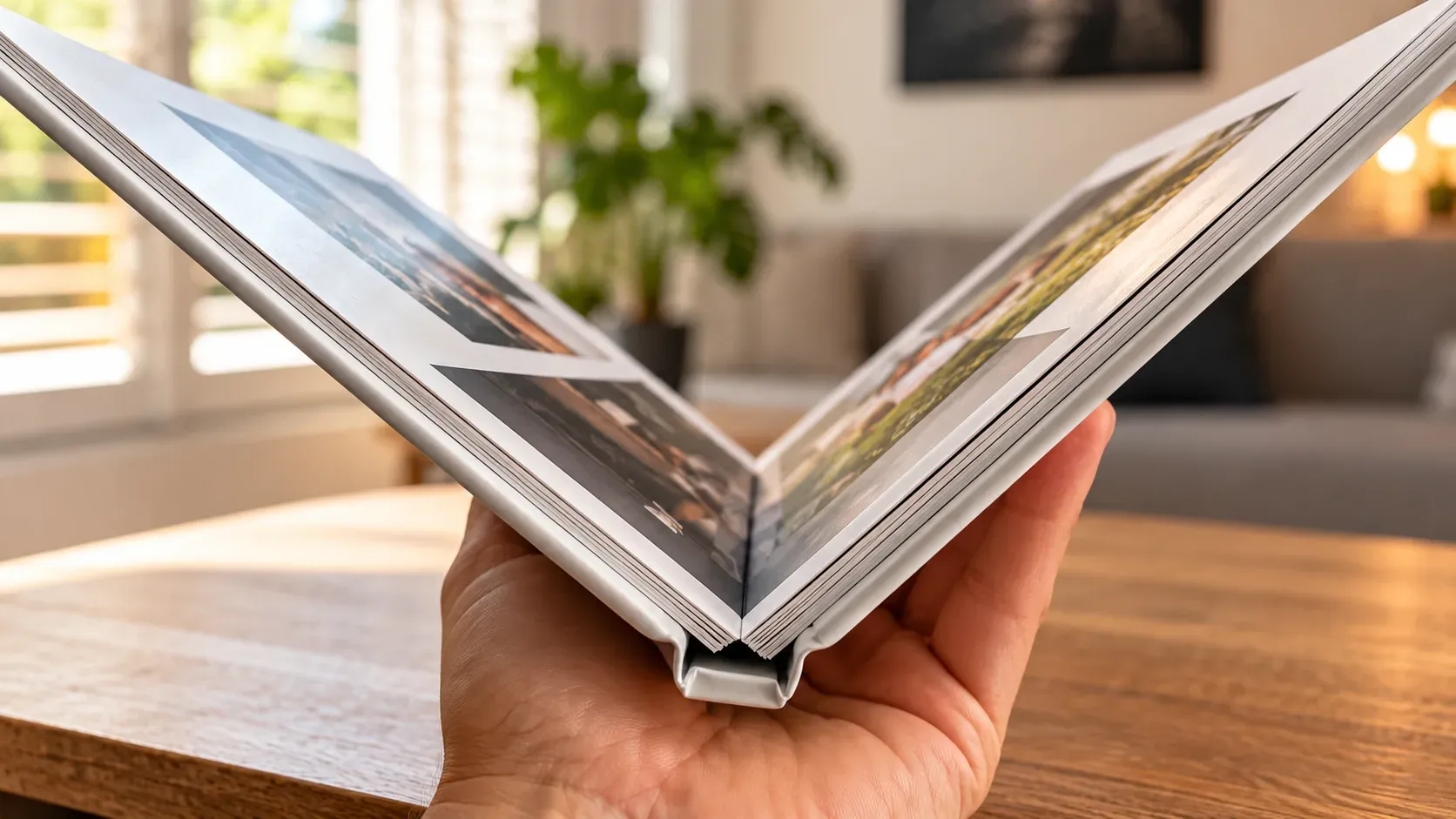 Opengeslagen fotoalbum met familiefoto’s in een woonkamer