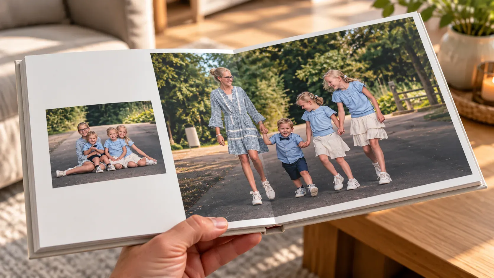 Opengeslagen fotoalbum ligt op tafel