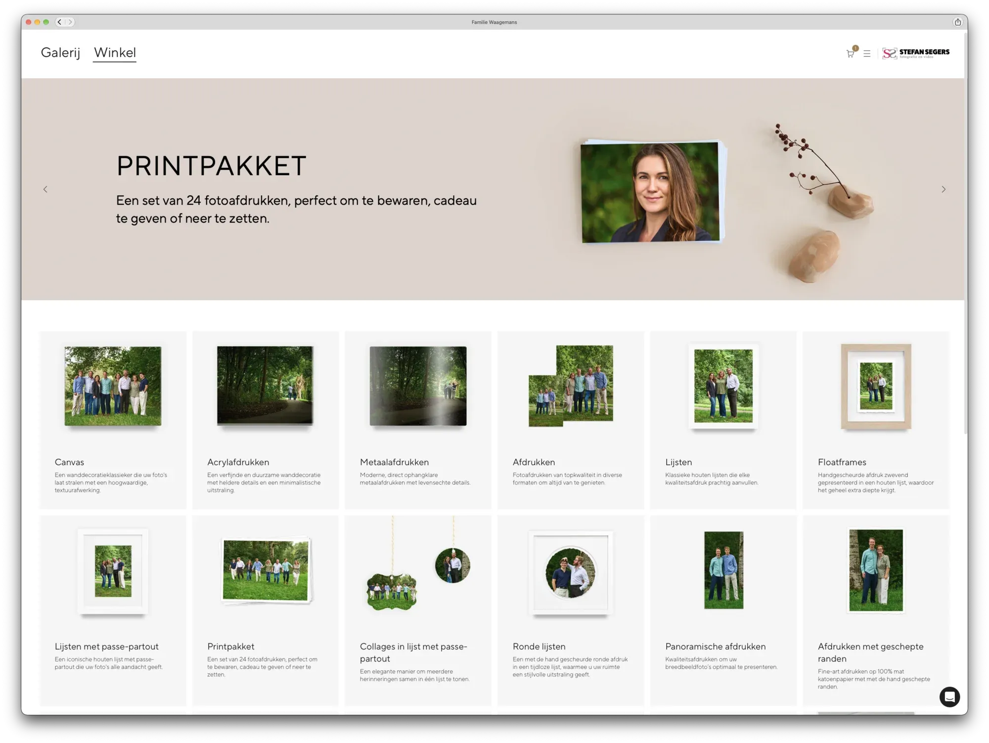 De webshop in PicTime met afdrukken, canvas, wanddecoratie en albums