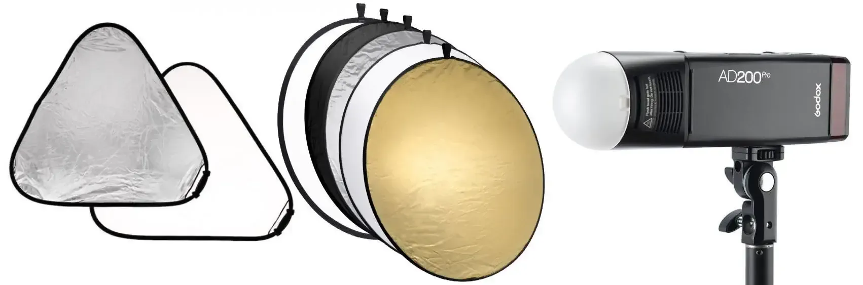Links: tri-grip reflector welke gemakkelijk is om vast te houden tijdens het fotograferen. Midden: 5-in-1 reflector Rechts: Godox AD200 flitser met ronde kop en diffusor