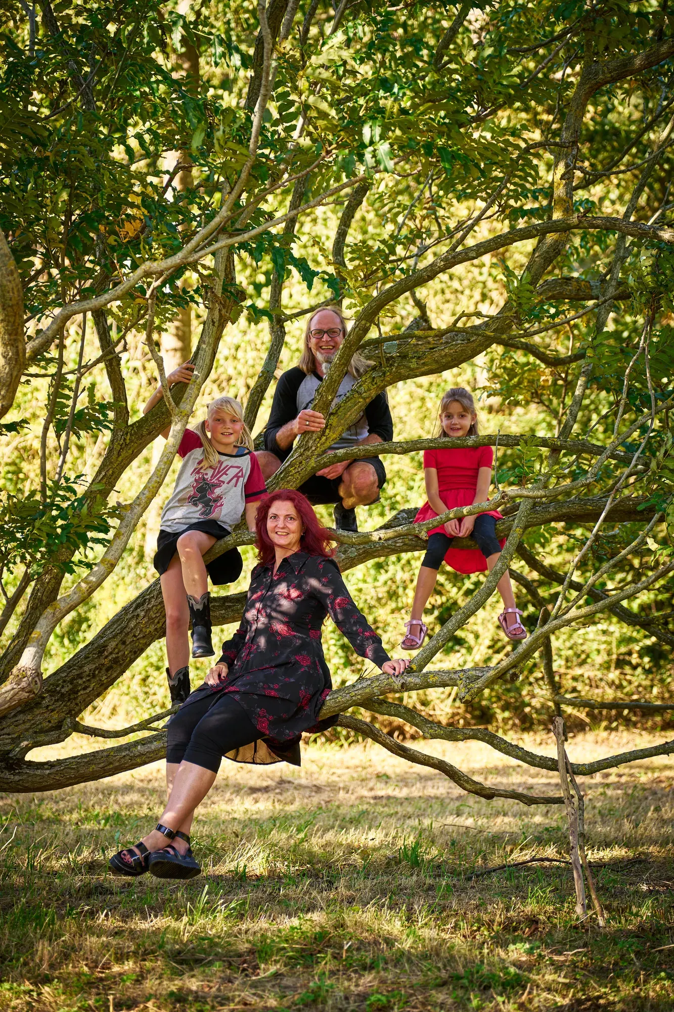 Moeder en kinderen klimmen in een lage, brede boom in het Westerpark