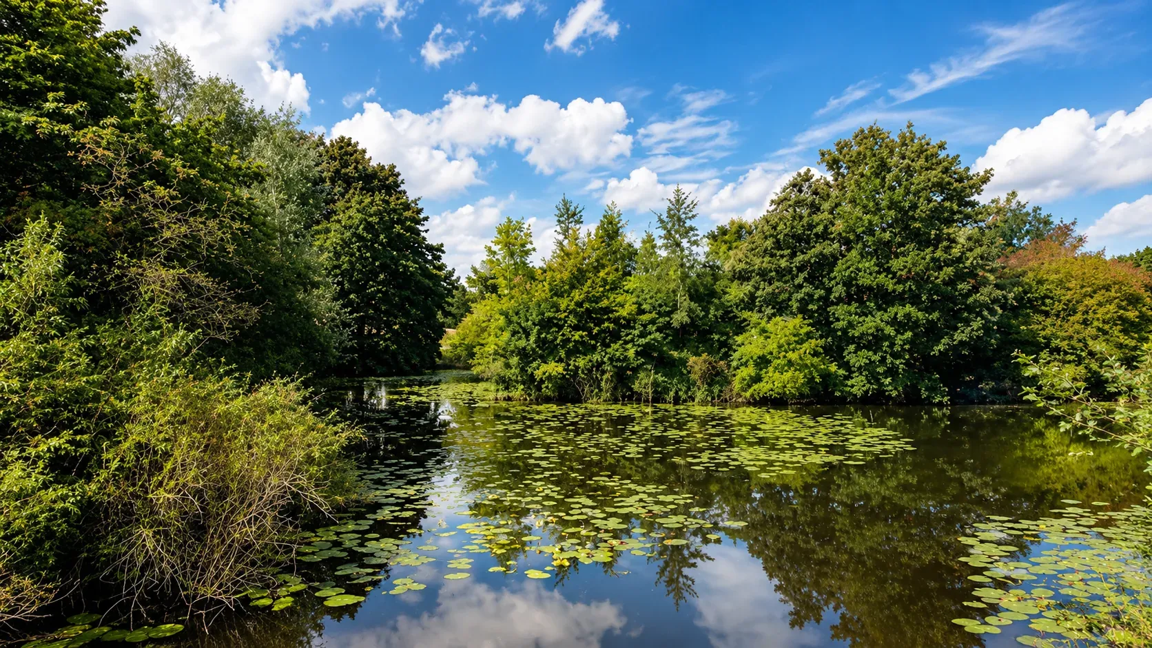 Vijver met waterlelies omringd door bomen in het Westerpark