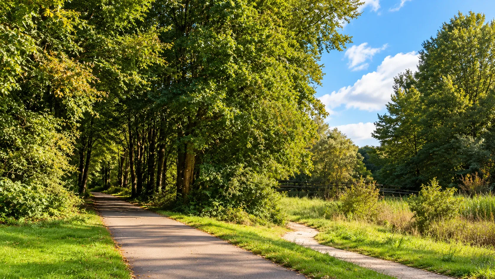 Wandelpad tussen de bomen en een open grasveld in het Westerpark